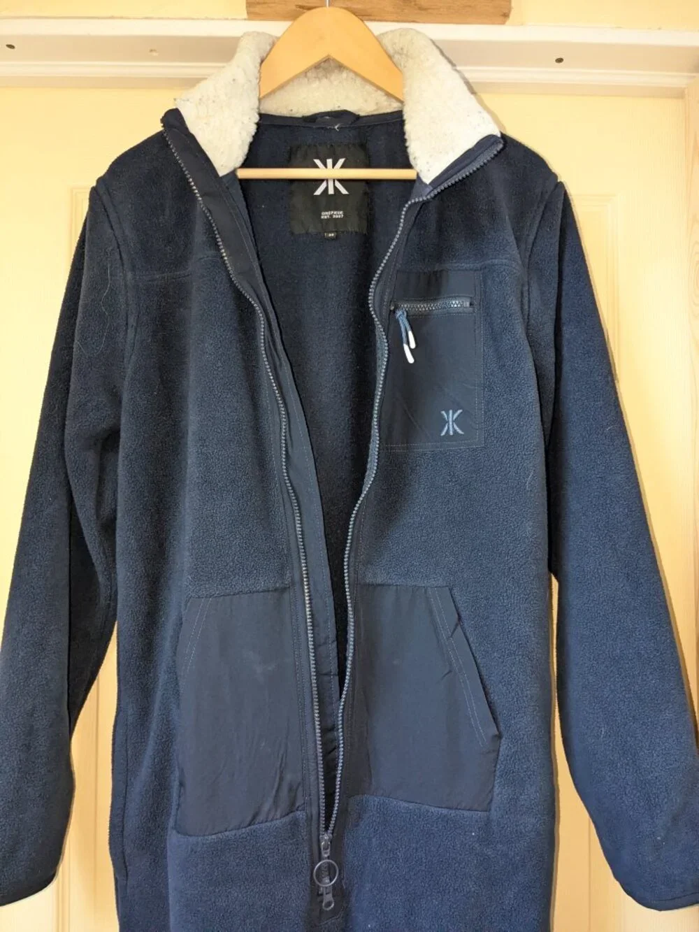 Onepiece Norway Navy Blue Fleece Jumpsuit Medium Sherpa Collar Mens Lounge Zip - Picture 6 of 16